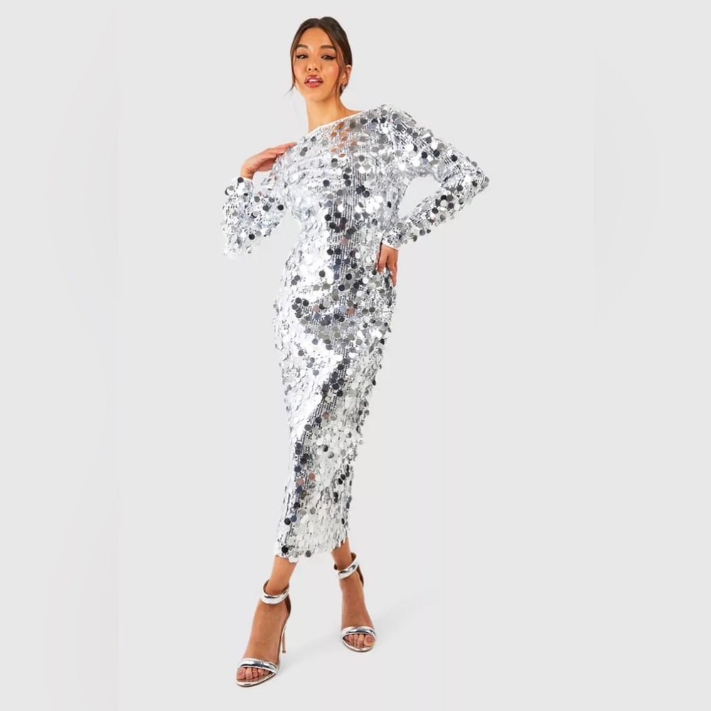 Silver disc sequin dress - size 12